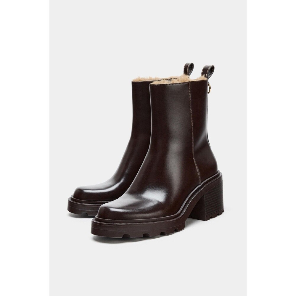 Zara Faux Fur Lined Heeled Ankle Boots Brown Lug Sole Platform US 9 EU 40 New